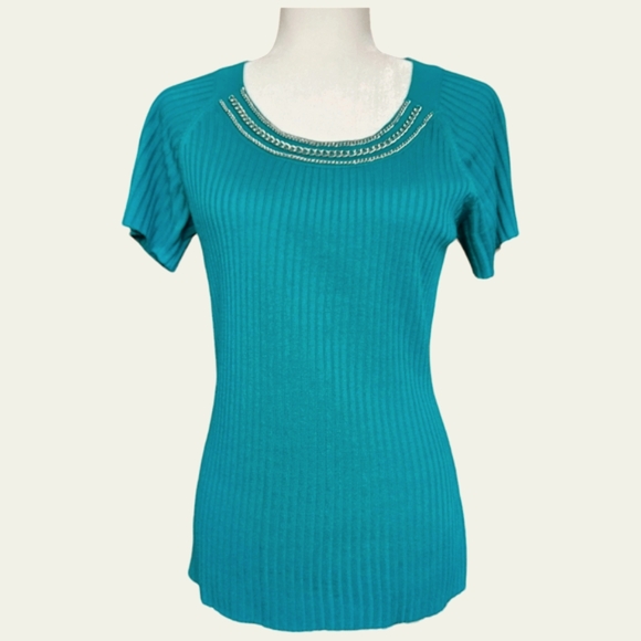 R.Q.T. blue-green knit top blouse short sleeve ribbed silvery chain adornments L - Picture 1 of 8